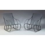 A pair of French wrought iron garden rocking chairs, with slatted backs (2)Please refer to
