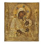 A Russian silver-gilt icon of the Holy Milk-Giver, Moscow, 1866, the repoussé and chased oklad