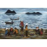 20th Century Vietnamese School, gouache on paper, women fishing with islands on the horizon,