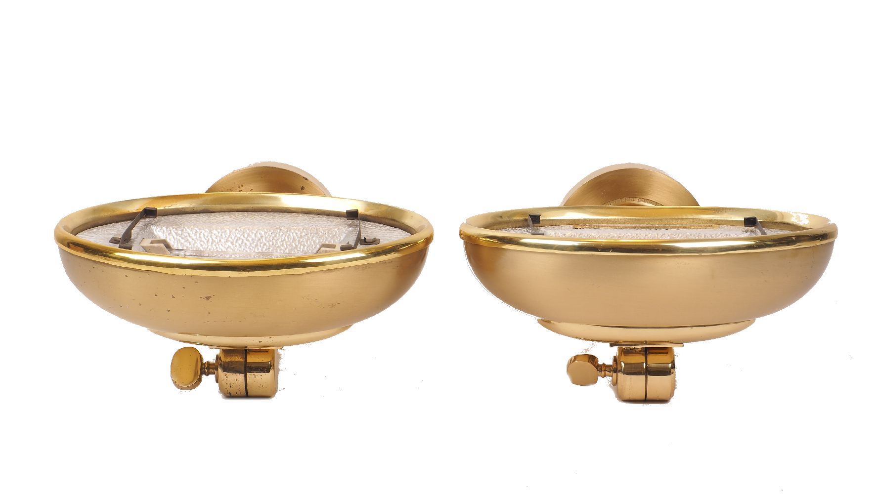 A set of five brass uplighter wall lights, of recent manufacture, with adjustable domed shades on