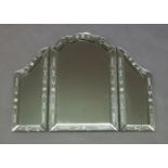 A Venetian glass etched triptych dressing table mirror, floral etched decoration to sides, measuring