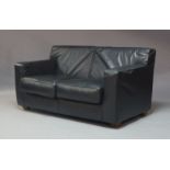 A pair of contemporary black leather two seater settees, each measuring 78cm high, 155cm wide,