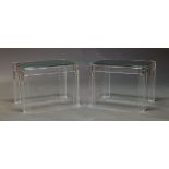 A pair of contemporary Lucite side tables, with rectangular glass tops, on right angled Lucite