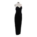 Catherine Walker, a black silk velvet strapless evening gown, together with a black lace over grey