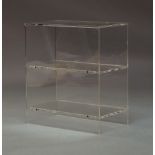 A contemporary Lucite side table, three-tier form, together with a pair of square shaped brass