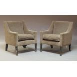Pair of contemporary lounge armchairs, in style of Borge Mogensen, upholstered in grey cloth fabric,