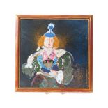 An abstract painting on enamel, 20th century, depicting a woman in costume, framed, unsigned, 25cm x