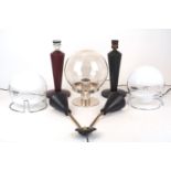 A group of modern lights, 20th century, to include; a pair of table lamp bases, one red and one