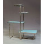 A Bauhaus style tubular chromed etagere, c.1940/50, with four blue painted off set shelves, 110cm