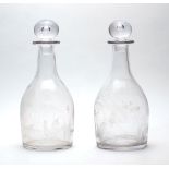 Phillip Lawson Johnston, fl. 1971, Two engraved clear glass decanters, one depicting a wildlife