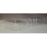 Two contemporary Lucite and glass inset coffee tables, comprising one large and one smaller example,
