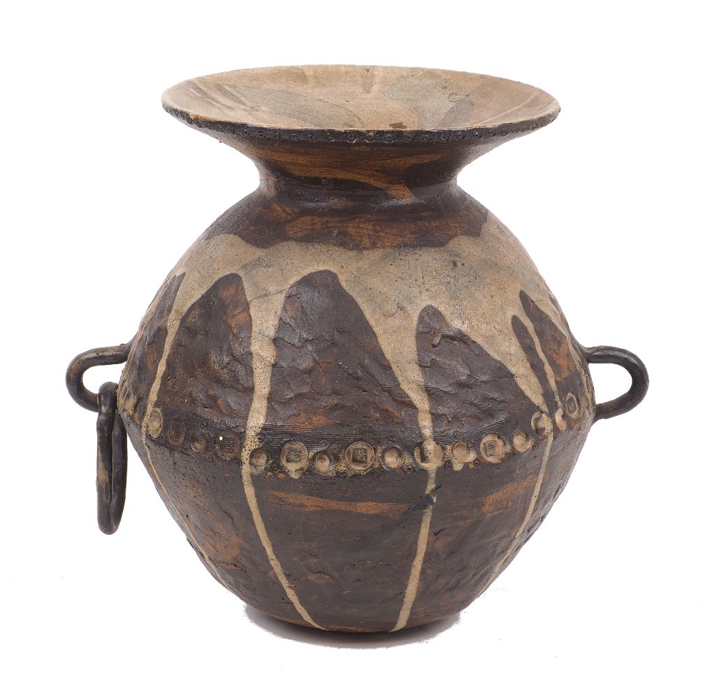 A pottery vase, 20th century, earthenware and drip glaze, with moulded pattern, additional applied