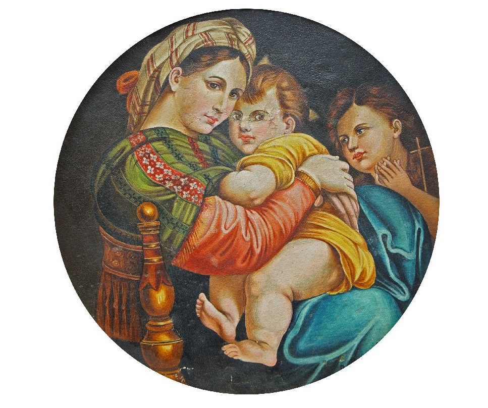 After Raphael, Italian 1483-1520- Madonna della seggiola; oil on board, tondo, signed and dated '