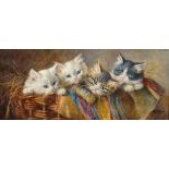 Minnie Rosa Bebb, British 1857-1938- Four kittens in a basket, 1907; watercolour, signed and