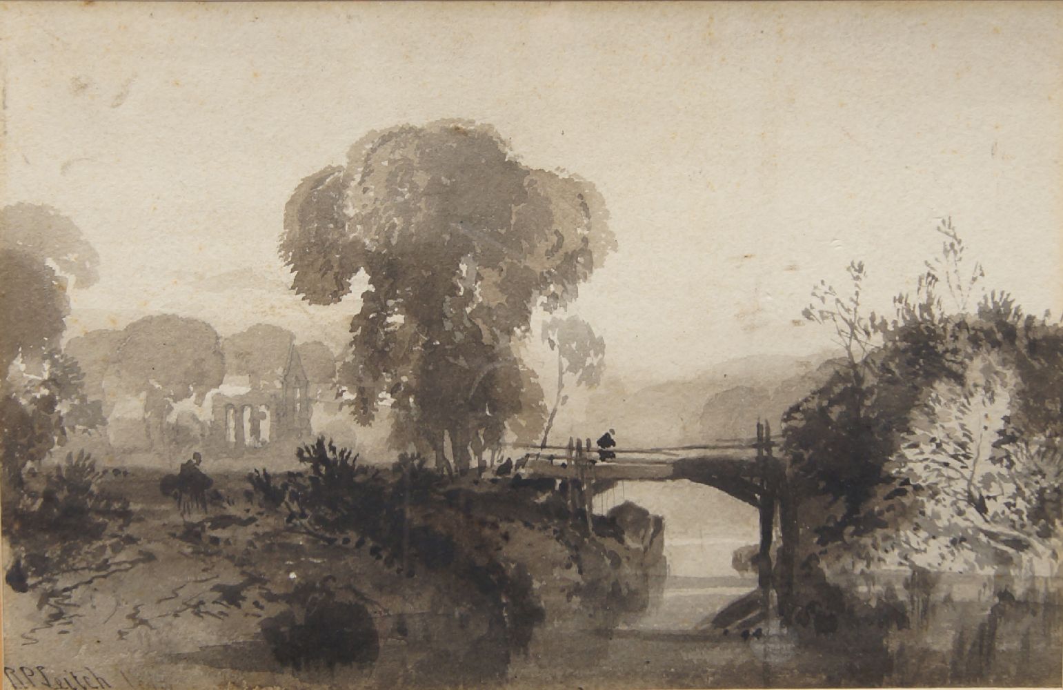 Richard Principal Leitch, British 1827-1882- Landscape with bridge; Ink wash on paper, signed, 14.