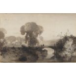 Richard Principal Leitch, British 1827-1882- Landscape with bridge; Ink wash on paper, signed, 14.