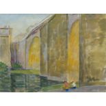 British School, late 20th Century- A town bridge, with two figures seated by the riverside;