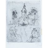 George Jerzy Bort, Polish/British 1917-2001- Two figures by a Church; etching on wove, signed and