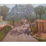 French School, early 20th century- A rural village road with two figures walking; oil on canvas,