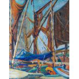 Continental School, mid-20th century- Moored sailing boats in a harbour; oil on board, 78.5 x 59.5