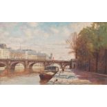 Kenneth Denton, British b.1932- View along the Seine, Paris; oil on board, signed, 29.5 x 49.5 cm;