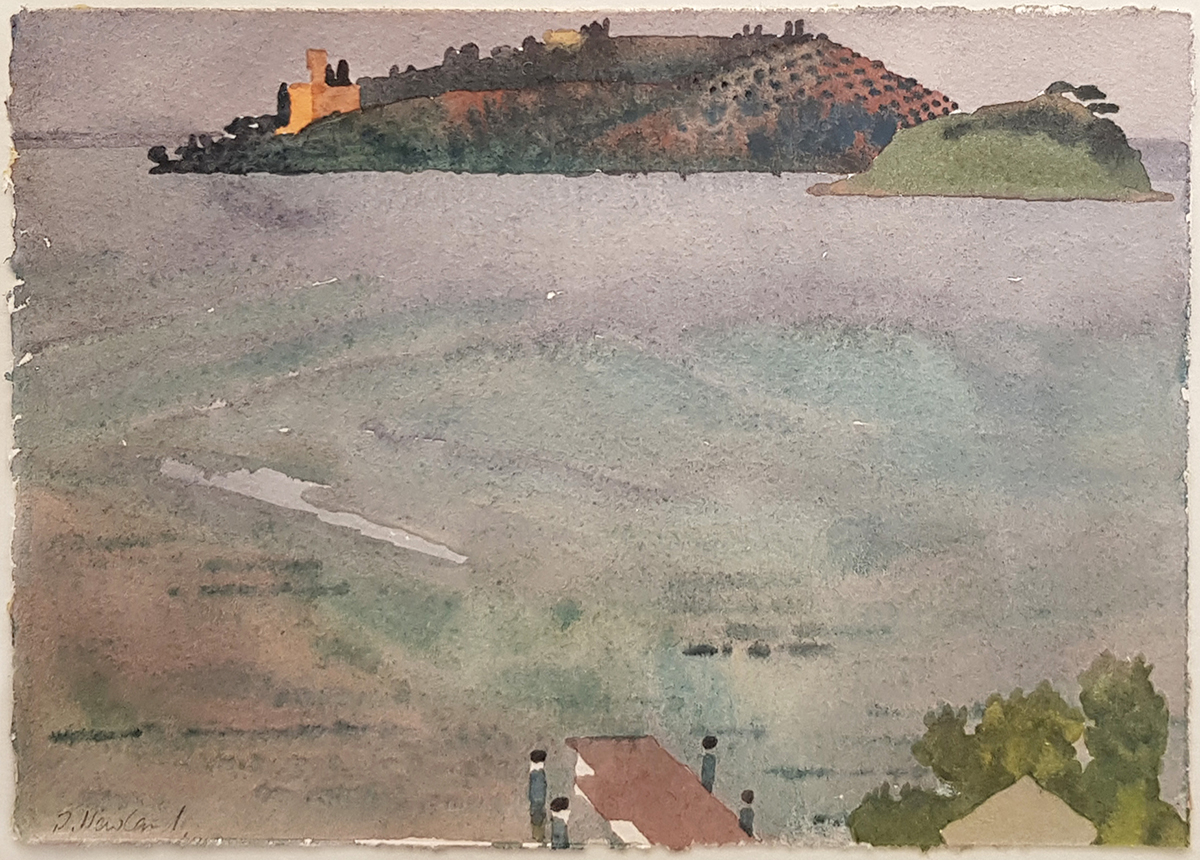 John Newland, British b. 1936- View of a distant island; watercolour, signed, 15.5 x 23 cm (ARR)