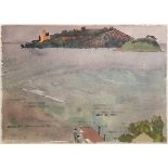 John Newland, British b. 1936- View of a distant island; watercolour, signed, 15.5 x 23 cm (ARR)