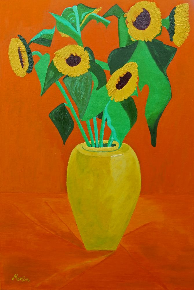 Marinela Marin, British b.1981- Sunflowers in a yellow vase; oil on canvas, signed and dated 2017 to