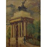 Irena Fusek-Forosiewicz, Polish 1910-2002- Hyde Park Corner; oil on board, signed, 39 x 29.5 cm (