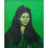 Enrico Colombotto Rosso, Italian 1925-2013- Portrait of a woman on green; oil on canvas, signed