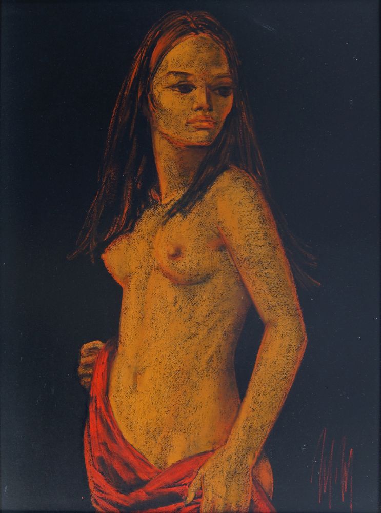 Maurice Man, British 1921-1997- Standing draped female nude, 1971; coloured chalk, signed with