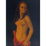 Maurice Man, British 1921-1997- Standing draped female nude, 1971; coloured chalk, signed with