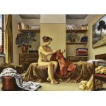 John Sendall, British b.1947- The Bedroom; oil on panel, bears label on the reverse, 39 x 53.5 cm (