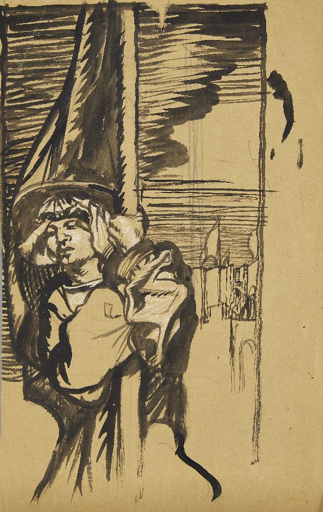 Sir Frank William Brangwyn RA RWS RBA, British 1867-1956- The Standard Bearer; black wash on brown