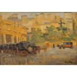 Hans Henry Happ, German 1889-1992- Carriages and an automobile in a city square; oil on canvas