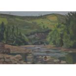 Clifford Hall RBA ROI, British 1904-1971- River landscape with a stone bridge and hills beyond;