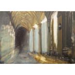 Spanish School, 20th century- Interior of Seville Cathedral; oil on canvas laid down on panel, bears