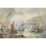 John Sutton, British b.1935- Busy shipping scenes on the Thames; watercolours, each signed, a