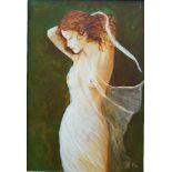 British School, late 20th century- Nude female figure; oil on canvas, signed with initials, 34 x