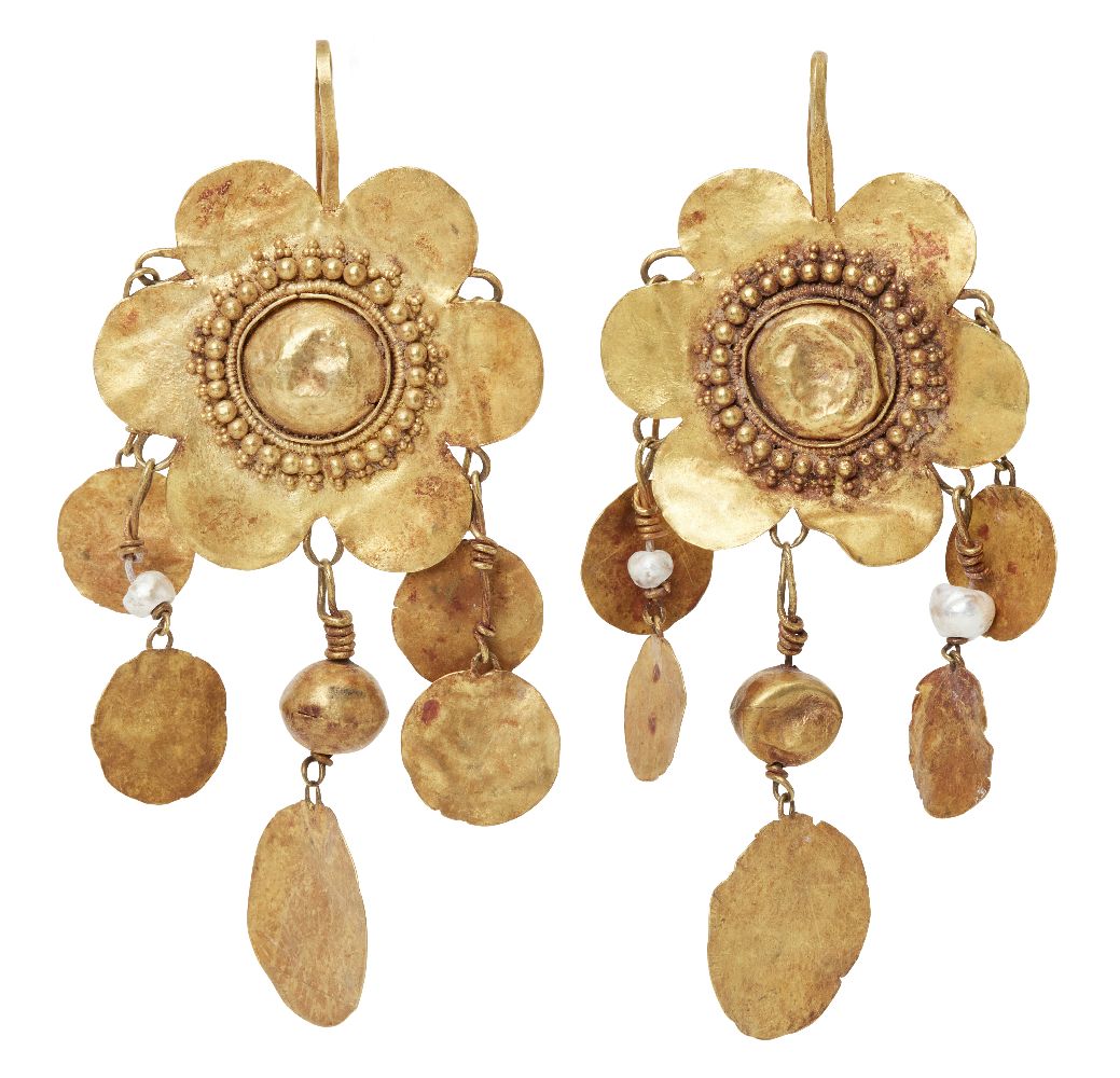 A pair of seed pearl and gold flower pendant earrings in the ancient style, 6.9cm. long, 12 grams (