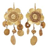 A pair of seed pearl and gold flower pendant earrings in the ancient style, 6.9cm. long, 12 grams (