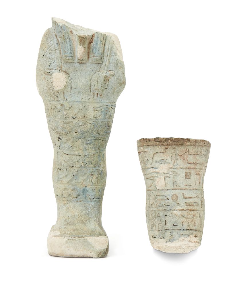 A fragmentary Egyptian blue glazed composition shabti of typical mumiform, holding two hoes, with - Image 3 of 3