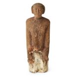 An Egyptian gesso painted wood kneeling boatman with black painted wig, red painted body and arms