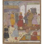 A Mughal painting of a ruler and his courtiers, India, 19th century in an earlier style, the ruler