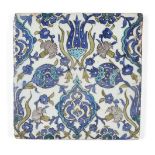 A Damascus pottery tile, Ottoman Syria,of square form, with blue, green, turquoise and black
