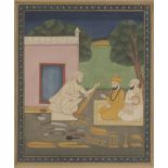 A folio from a dispersed Janamsakhi manuscript depicting Guru Nanek at the home of the carpenter
