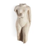 A limestone statue of an Amarna style princess, naked with her left leg forward, holding an