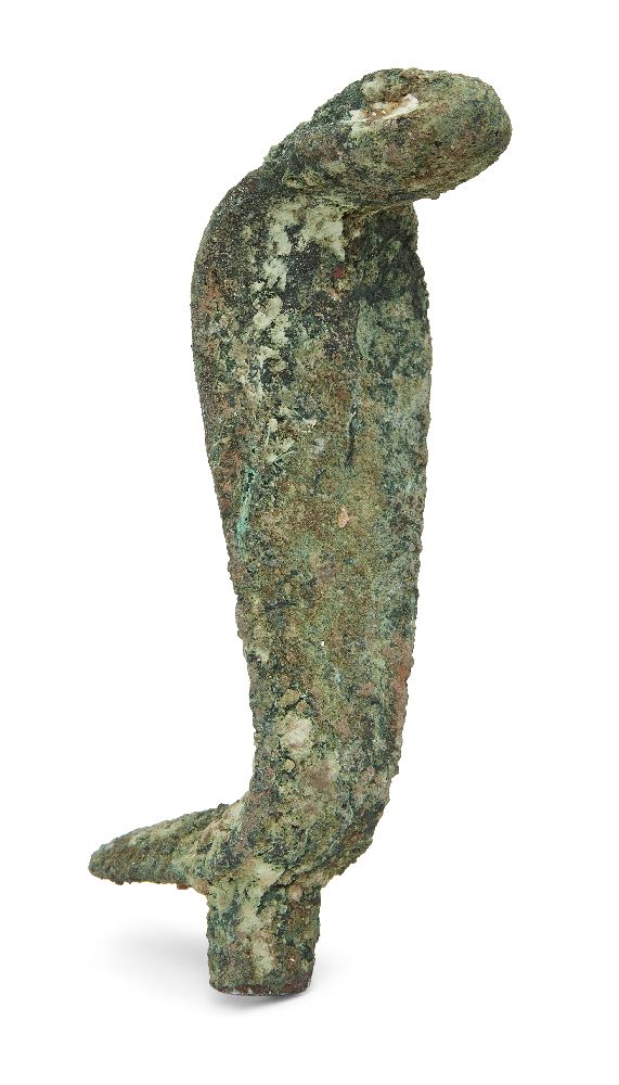 An Egyptian bronze uraeus in the strike position with tenon for attachment at the base and loop at