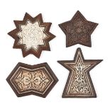 A group of 20th century carved bone inlaid wood panels in the Mamluk style, 12.5cm., 16.5cm., 15.