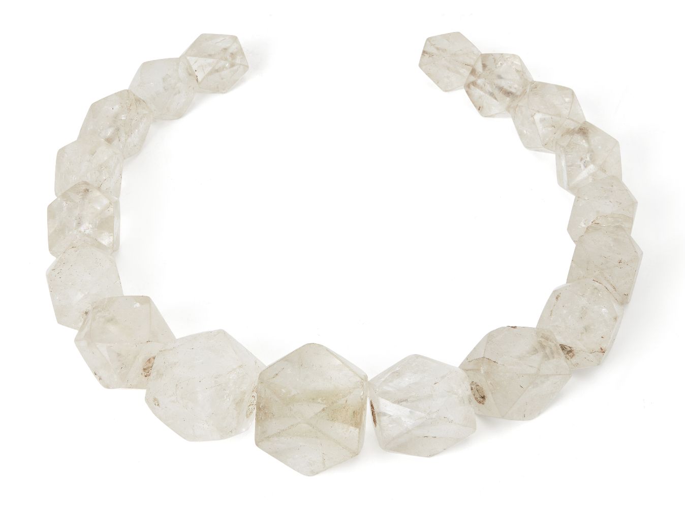 A large rock crystal bead necklace, possibly ancient, formed of eighteen faceted beads of